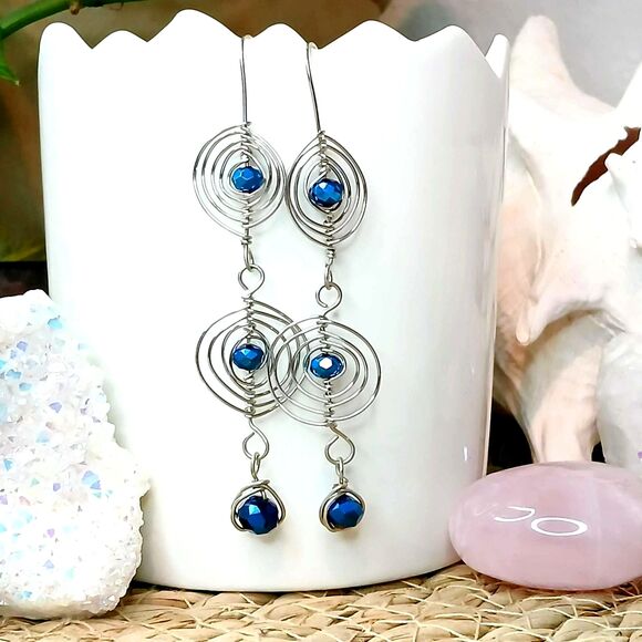 Boho Statement Cobalt Blue Dangle Earrings, Glass Beaded, Artisan 3.5" - Picture 2 of 8